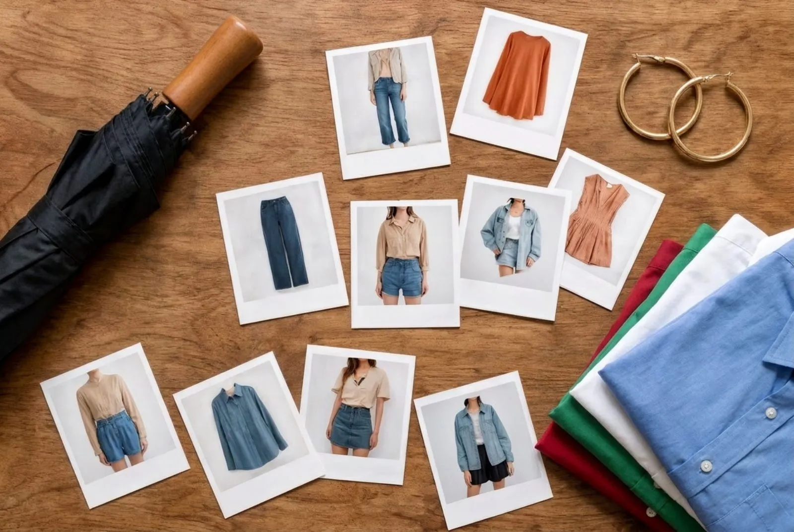 Flat-lay of wardrobe polaroids and folded clothes on a warm wooden surface