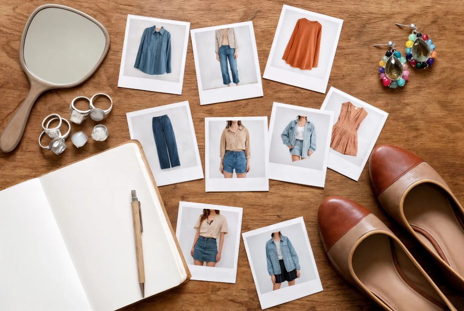 Flat-lay of wardrobe polaroids, accessories and shoes on a warm wooden surface